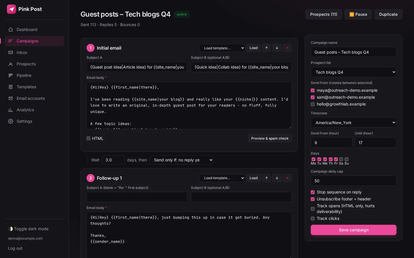Sequence editor with initial email and follow-ups (dark mode)