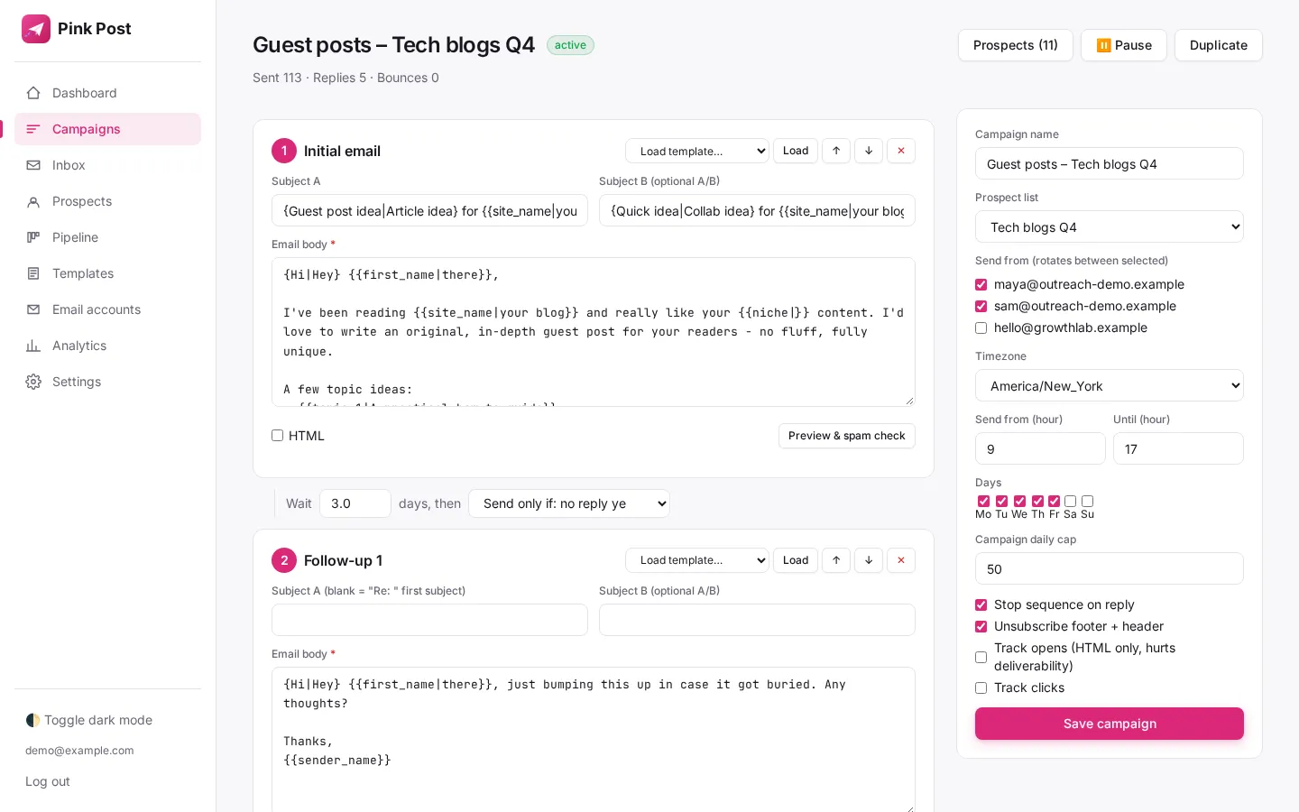 Sequence editor with initial email and follow-ups
